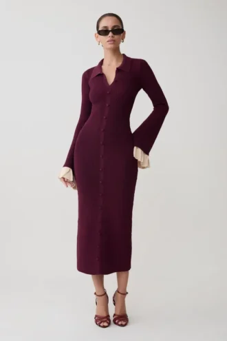 Amirose Ruffle Knit Midi Dress – Plum