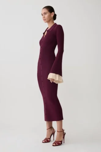 Amirose Ruffle Knit Midi Dress – Plum