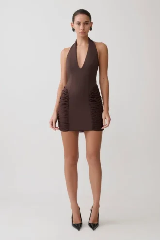 Anari Gathered Scuba Mini Dress – Dark Chocolate