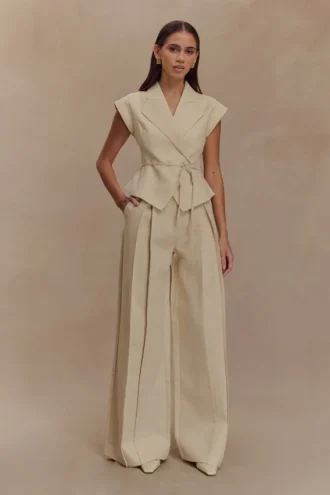 Raya Mid Rise Wide Leg Linen Pant – Natural Beige