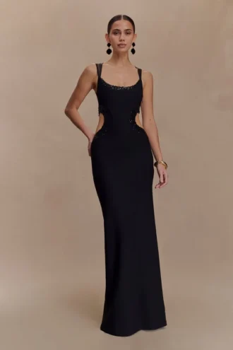 Angelique Beaded Crepe Maxi Dress – Black