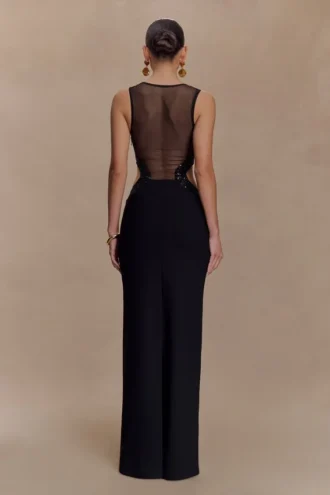 Angelique Beaded Crepe Maxi Dress – Black