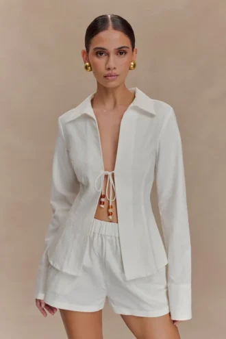 Annalee Cotton Beaded Tie Shirt – White