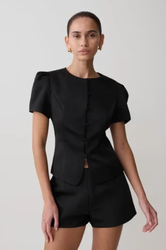Anne Short Sleeve Satin Top – Black