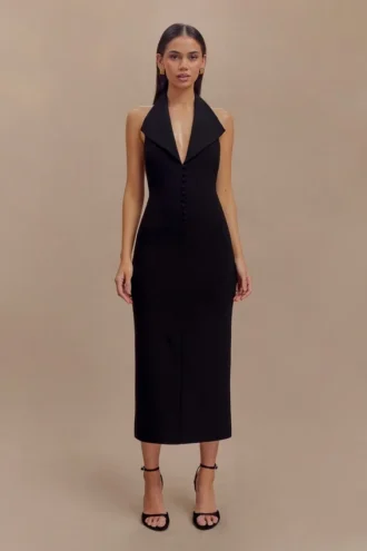 Annita Crepe Halter Midi Dress – Black