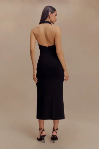 Annita Crepe Halter Midi Dress – Black