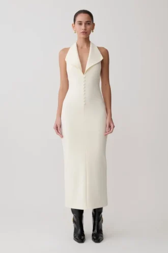 Annita Crepe Halter Midi Dress – Ivory