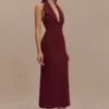 Annita Crepe Halter Midi Dress – Merlot