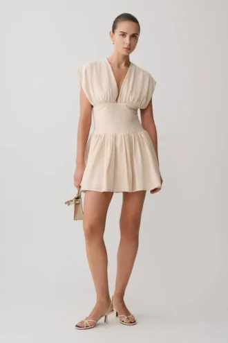 Arabella Cinched Waist Linen Mini Dress – Natural