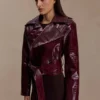 Archie Croc Faux Leather Cropped Jacket – Burgundy