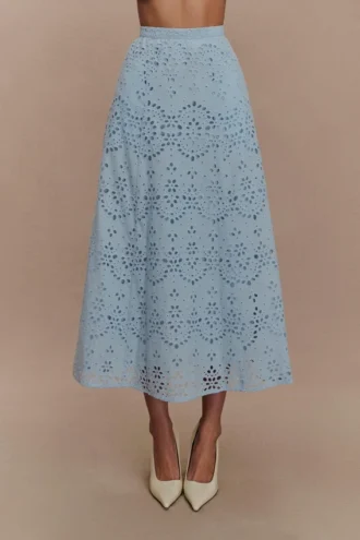 Arla Broderie Midi Skirt – Pale Cornflower Blue