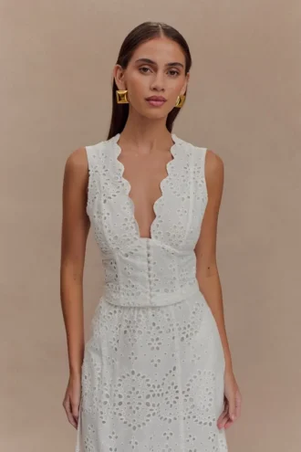 Arla Sleeveless Broderie Top – White