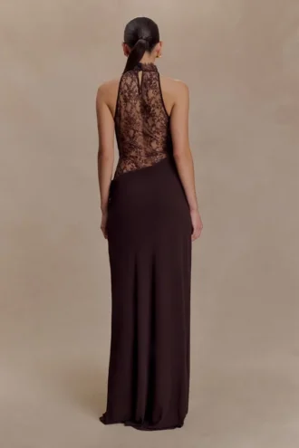 Arra Chiffon And Lace Halter Maxi Dress – Cacao Brown