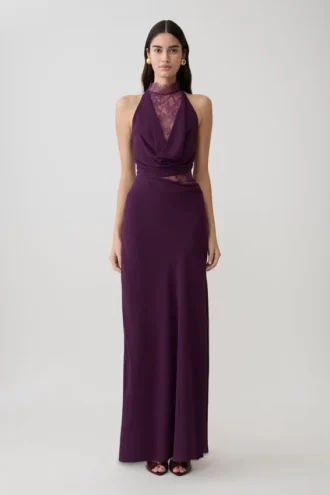 Arra Chiffon And Lace Halter Maxi Dress – Plum