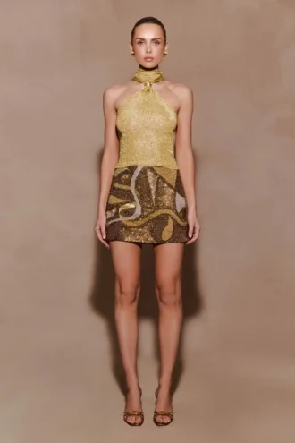 Asher Hand Beaded Abstract Mini Skirt – Gold