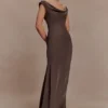 Ashley Cowl Neck Lace And Satin Maxi Dress – Mocha Ashley Cowl Neck Lace And Satin Maxi Dress – Mocha