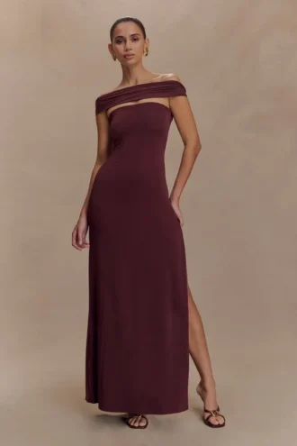 Aurora Slinky And Mesh Split Maxi Dress – Mahogany