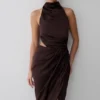 Aveline Draped Halter Midi Dress – Dark Chocolate Aveline Draped Halter Midi Dress – Dark Chocolate