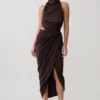 Aveline Draped Halter Midi Dress – Dark Chocolate Aveline Draped Halter Midi Dress – Dark Chocolate