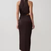 Aveline Draped Halter Midi Dress – Dark Chocolate Aveline Draped Halter Midi Dress – Dark Chocolate
