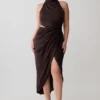 Aveline Draped Halter Midi Dress – Dark Chocolate Aveline Draped Halter Midi Dress – Dark Chocolate