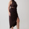 Aveline Draped Halter Midi Dress – Dark Chocolate Aveline Draped Halter Midi Dress – Dark Chocolate