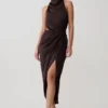 Aveline Draped Halter Midi Dress – Dark Chocolate Aveline Draped Halter Midi Dress – Dark Chocolate