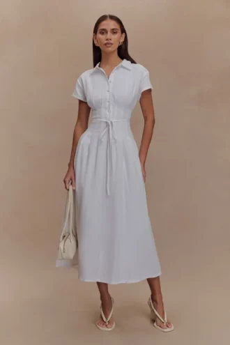 Aysha Buttoned Linen Midi Dress – White