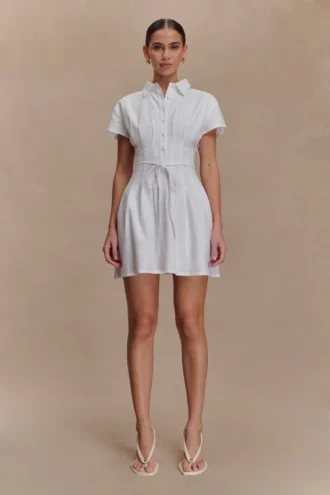 Aysha Buttoned Linen Mini Dress – White