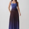 Azizi Pleated Halter Midi Dress – Chocolate & Blue Ombre Print