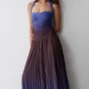 Azizi Pleated Halter Midi Dress – Chocolate & Blue Ombre Print