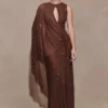 Bakari Diamante Cape Maxi Dress – Chocolate Bakari Diamante Cape Maxi Dress – Chocolate