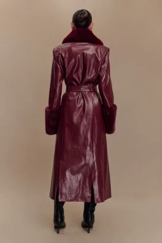Bec Faux Leather Trench Coat With Faux Fur – Cherry Red