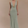 Beck Plunge Maxi Dress With Floral Hardware – Basil Beck Plunge Maxi Dress With Floral Hardware – Basil