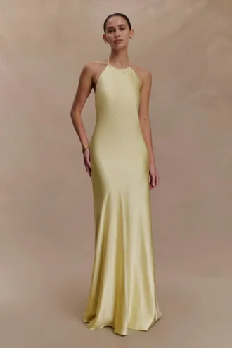 Bella Satin Halter Maxi Dress – Lemon