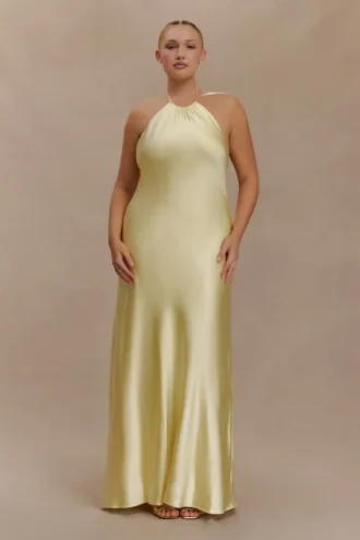 Bella Satin Halter Maxi Dress – Lemon