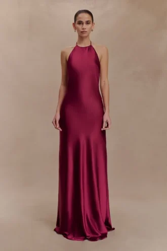 Bella Satin Halter Maxi Dress – Mahogany
