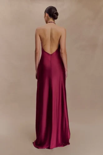 Bella Satin Halter Maxi Dress – Mahogany