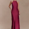 Bella Satin Halter Maxi Dress – Mahogany