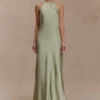 Bella Satin Halter Maxi Dress – Sage