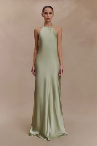 Bella Satin Halter Maxi Dress – Sage