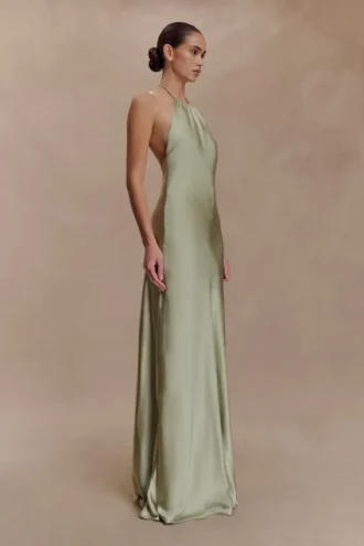 Bella Satin Halter Maxi Dress – Sage