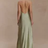 Bella Satin Halter Maxi Dress – Sage