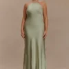 Bella Satin Halter Maxi Dress – Sage