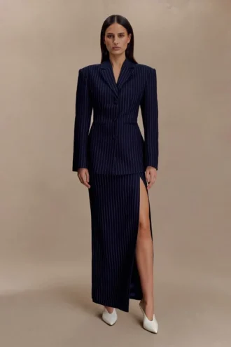 Cassie Column Maxi Skirt – Navy Pinstripe