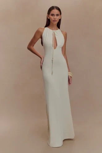 Beryl Slinky Maxi Dress With Pearls – Ivory