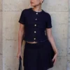 Bethany Short Sleeve Buttoned Denim Top – Washed Indigo Blue