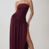 Bex Strapless Slinky Maxi Dress With Split – Burgundy Bex Strapless Slinky Maxi Dress With Split – Burgundy