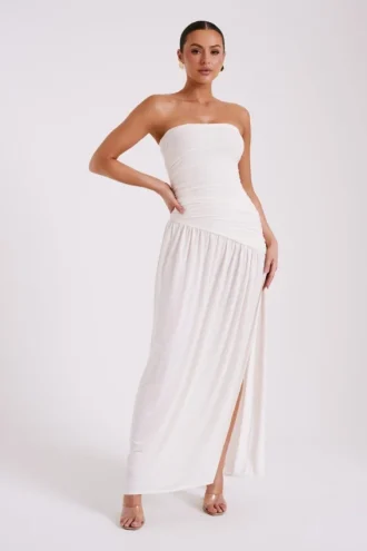 Bex Strapless Slinky Maxi Dress With Split – Ivory