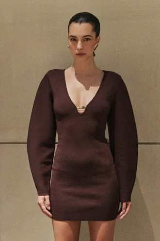 Billy Balloon Sleeve Knit Mini Dress – Dark Chocolate